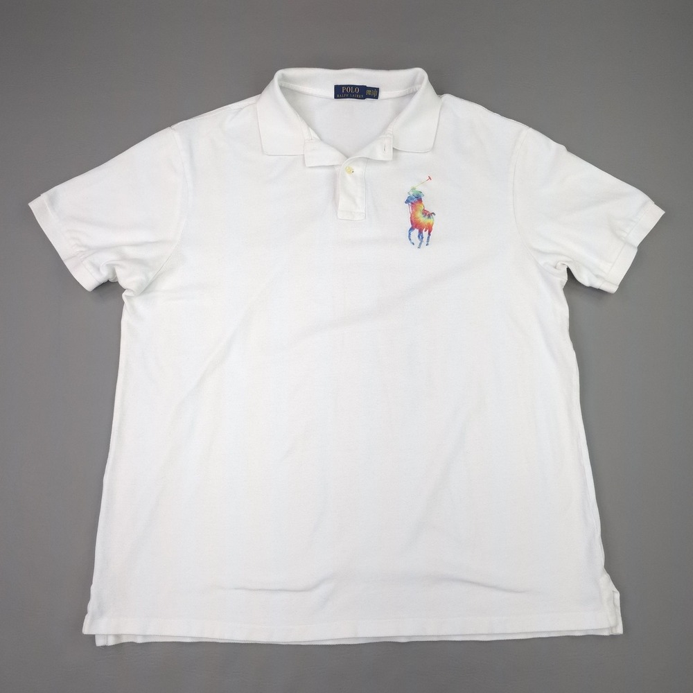 Polo Ralph Lauren Polo Shirt Mens Big 2X White Rainbow Tie-dye Big Pony Knit